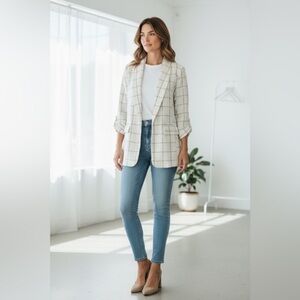 Stoosh by 26 Women’s XL Plaid Blazer Jacket Beige White Open Front Lightweigh